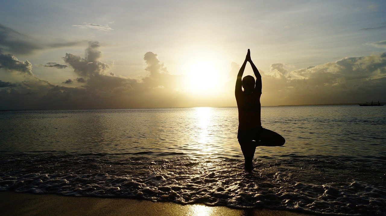 beach, yoga, sunset, silhouette, person, yoga pose, shore, seashore, sea, ocean, meditate, meditation, pose, balance, nature, calm, tranquil
